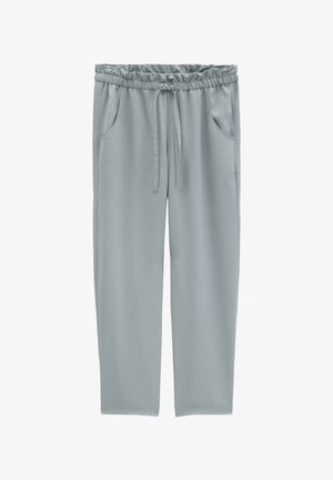Light gray casual pants with elastic waistband, adjustable drawstring, and side pockets, designed for comfort and relaxed fit.