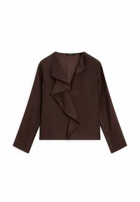 Ruskea pitkähihainen paita, jossa on röyhelöinen etuosan muotoilu, valmistettu teksturoidusta kankaasta, jossa on poncho-kaulus ja lyhennetty siluetti.