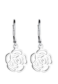 Boucles d'oreilles en argent avec un motif de rose, présentant un motif découpé. Les boucles d'oreilles sont suspendues à des fermoirs en forme de levier, mettant en valeur un détail complexe.