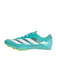 Light turquoise athletic shoes with white stripes, a mesh upper, and a green outsole featuring spikes for traction.