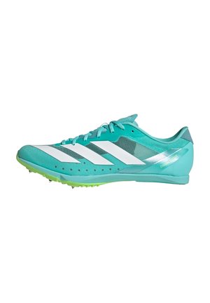 Light turquoise athletic shoes with white stripes, a mesh upper, and a green outsole featuring spikes for traction.