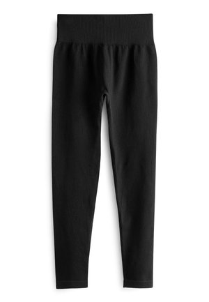 Leggings noirs côtelés avec une large taille élastique, présentant une silhouette ajustée et une texture lisse. Pas de matériel ou motifs visibles.