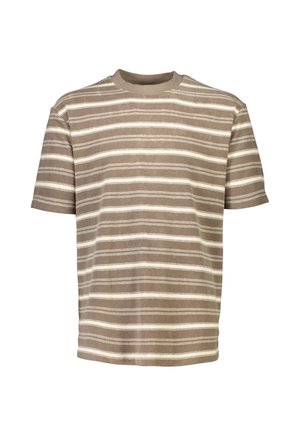 Kortærmet t-shirt i lys brun med hvide vandrette striber. Har rund halsudskæring og blødt, tekstureret stof. Lige skåret design.