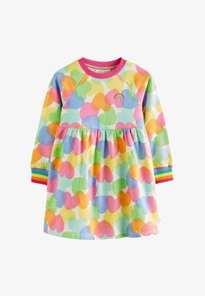 Mehrfarbiges Kleid mit einem verspielten Muster aus überlappenden Herzen. Lange Ärmel mit einem rosa Kragen und gestreiften Bündchen. Weicher Stoff.