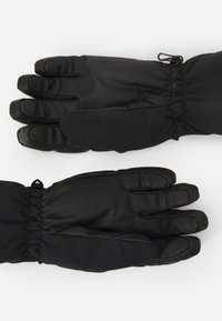 Guanti neri realizzati in un materiale matte e liscio, presentano un polsino aderente, un design a cinque dita e un leggero padding per il calore.