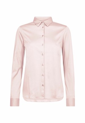 Vaaleanpunainen pitkähihainen napillinen paita, jossa on terävä kaulus ja kalvosimet, esillä valkoisella taustalla.