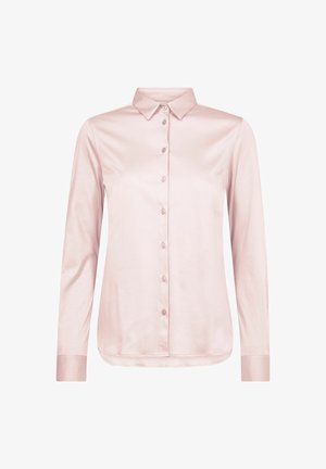 Camicia rosa chiaro a maniche lunghe con bottoni, colletto appuntito e polsini, esposta su sfondo bianco.