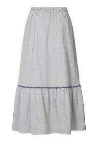 Gonna in cotone a righe con vita elastica, design svasato, orlo arricciato e rifinitura blu lungo il bordo inferiore.
