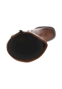 Botte en cuir marron haute jusqu'au genou vue de dessus, avec une texture lisse et un intérieur noir, dotée d'une fermeture éclair sur le côté.