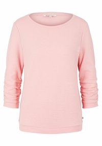 Ljusrosa sweatshirts gjorda av strukturerat tyg, med långa ärmar med samlade detaljer och en vid halsringning. Designad med en ribbad nederkant.