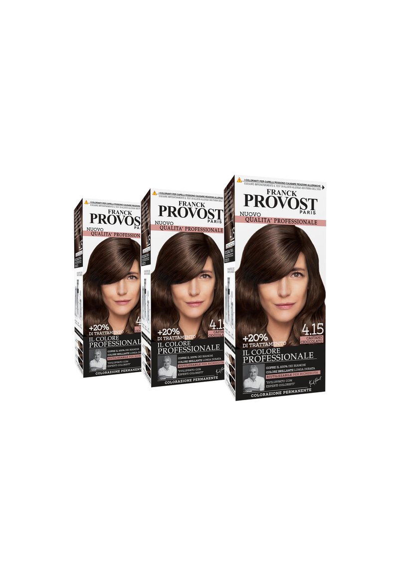 Franck Provost - FRANCK PROVOST TINTA CAPELLI COLORE PROFESSIONALE A DOMICILIO VALORIZZA RIFLESSI E BRILLANTEZZA PENNELLO DI PRECISIONE INCLUSO - 3 PACK - Tinte capelli - castano cioccolato, Ingrandire