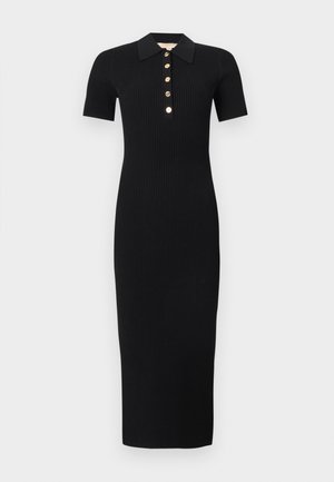 Zwarte midi-jurk van geribbelde stof met korte mouwen, een kraag en een voorflap met vijf gouden knopen.