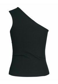 Top nero a spalla unica realizzato in tessuto a coste, con una silhouette aderente e una leggera texture. Nessun motivo visibile o dettagli in metallo.