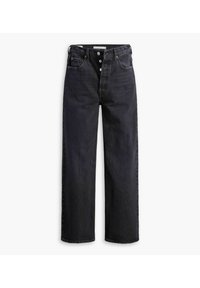 Jean noir droit avec braguette à boutons et design cinq poches, posé à plat sur fond blanc.