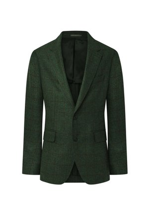 Green herringbone blazer with a plaid pattern, two buttons, and notch lapels. Features flap pockets and a smooth inner lining.