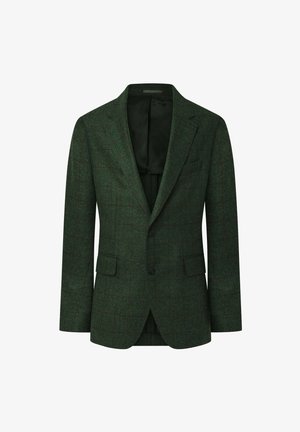 Green herringbone blazer with a plaid pattern, two buttons, and notch lapels. Features flap pockets and a smooth inner lining.