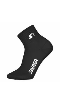 Sort træningsstrømpe med ribbet kant, der har et hvidt logo. Fremstillet af et glat, strækbart materiale designet til komfort og pasform.