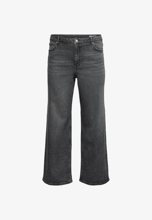 Jean en denim noir à jambes larges, avec une taille haute, des effets délavés subtils, un design à cinq poches et une fermeture à bouton classique.