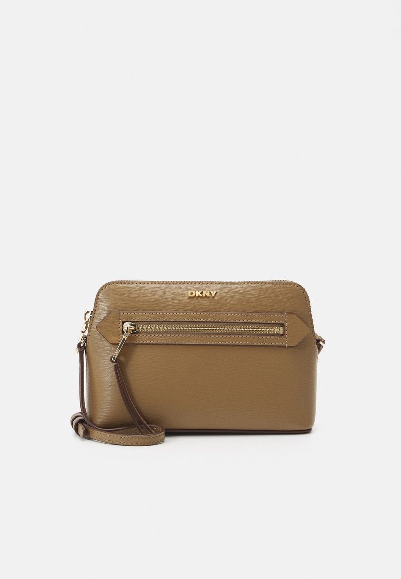 Brown faux leather crossbody bag with a textured finish, featuring a front zip pocket and gold-tone hardware. Adjustable strap included.