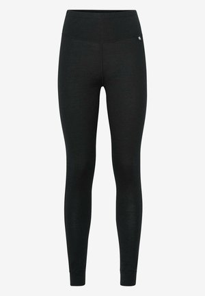Sorte leggings med høj talje, lavet af strækbart stof. Har en glat overflade og en lille logo-detalje nær taljebåndet.