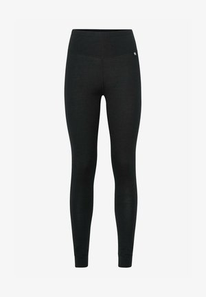 Schwarze Leggings mit hoher Taille, aus dehnbarem Stoff. Sie verfügen über eine glatte Textur und ein kleines Logo-Detail in der Nähe des Bundes.