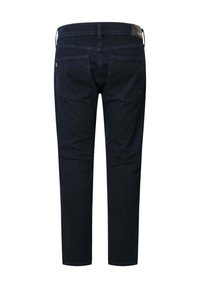 Dark blue denim jeans feature a straight cut, two back pockets, and a small leather patch at the waistband. Smooth texture, no visible patterns.