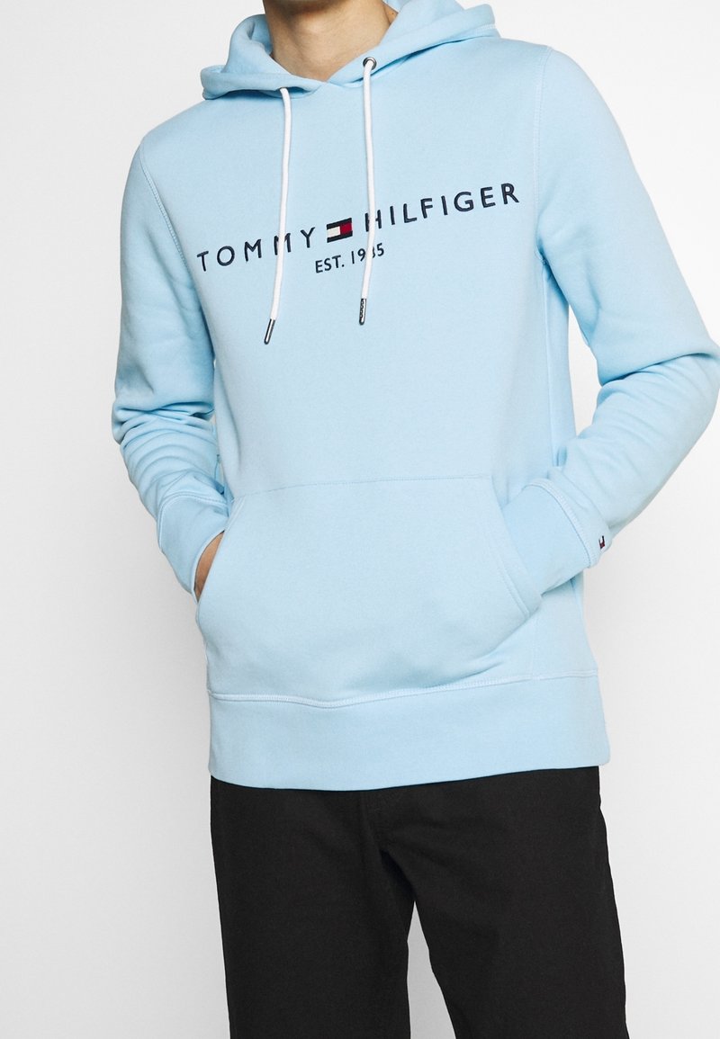 Felpa con cappuccio azzurro chiaro, dotata di tasca frontale, con lacci bianchi e logo del marchio in caratteri scuri. Presenta polsini e orlo a coste.