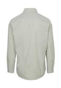 Groen en witte gestreepte langemouwen shirt, met een knoopsluiting bij de kraag, omlopende mouwen en een gebogen zoom. Zachte katoenen stof.