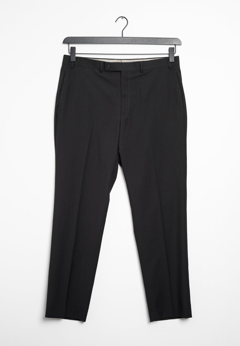 Black trousers made of fabric with a smooth texture, featuring a straight-leg design, front pockets, and a button and zipper closure.