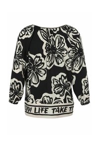 Zwart-wit gebloemde blouse met een losse fit, ronde halslijn en driekwart mouwen. Kenmerkt zich door een gedrukte band aan de zoom.