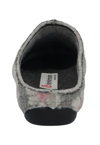 Gray wool slip-on shoe with a soft texture, black rubber sole, and subtle pink patterns around the edges. Lined interior with brand label visible.