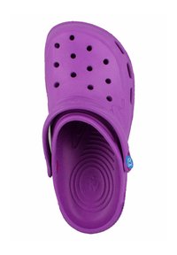 Purple rubber clog featuring perforations for ventilation, a back strap, and textured insole detailing for comfort.