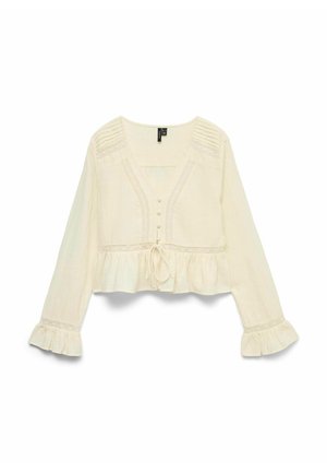 Krämfärgad kort blus med långa utsvängda ärmar, spetskant, knapplist fram och justerbar dragsko i nederkant. Texturerad tyg med veckade detaljer.