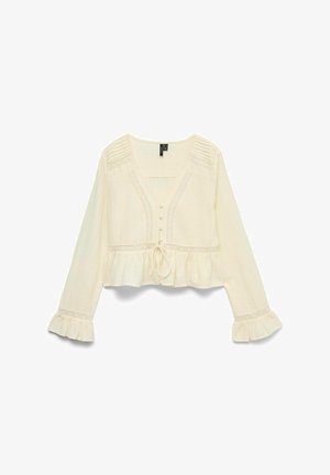 Crème-kleurige cropped blouse met lange uitlopende mouwen, kantafwerking, sluiting met knopen en verstelbare koordonderkant. Gelaagd stof met geplooide details.