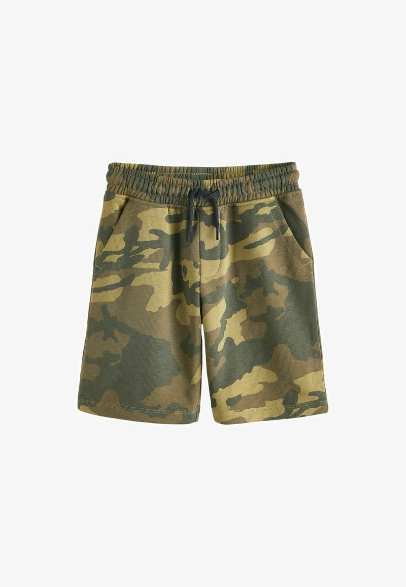 Shorts in camouflage realizzati in un tessuto misto cotone, con vita elastica, lacci e tasche laterali. Colori predominanti verde e marrone.