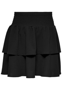 Black layered skirt with a smocked waistband. Made of lightweight fabric, features two ruffled layers and a flowing design. Smooth texture.
