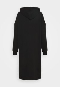 Robe sweat à capuche longue noire avec manches longues et poignets côtelés, vue de dos sur fond blanc.