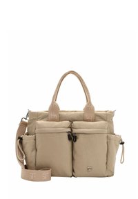 Beige tote taske med to frontlommer med lynl�ås, nylonmateriale, polstret tekstur, dobbelthåndtag og en aftagelig skulderrem.