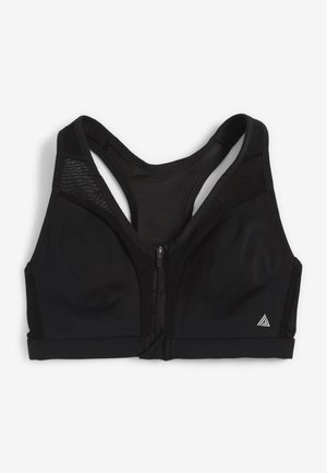 Brassiere sportivo nero con chiusura a zip frontale. Presenta dettagli in rete e un design strutturato per supporto. Tessuto morbido ed elastico.