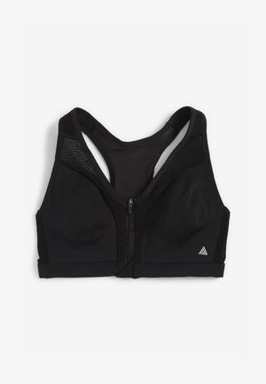 Crna sportska grudnjak s patentnim zatvaračem sprijeda. Sadrži mrežaste detalje i strukturirani dizajn za podršku. Mekani, rastezljivi materijal.