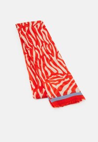 Foulard léger avec des rayures zèbre abstraites rouges vives et crème, bordure fine bleue et rouge avec des bords à franges.