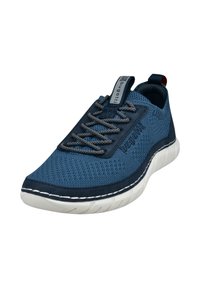 Blaues Mesh-Sneaker mit strukturiertem Obermaterial, grauen Schnürsenkeln und einer weißen Gummisohle. Verfügt über eine Zuglasche und ein Logo an der Seite.
