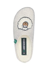 Soft beige slipper with fluffy sheep face embroidery on top and black "DR BRINKMANN" label inside.