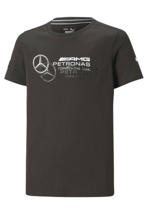 Sort kortærmet Puma T-shirt med Mercedes AMG Petronas Formel 1 Team-logoer og tekst foran.