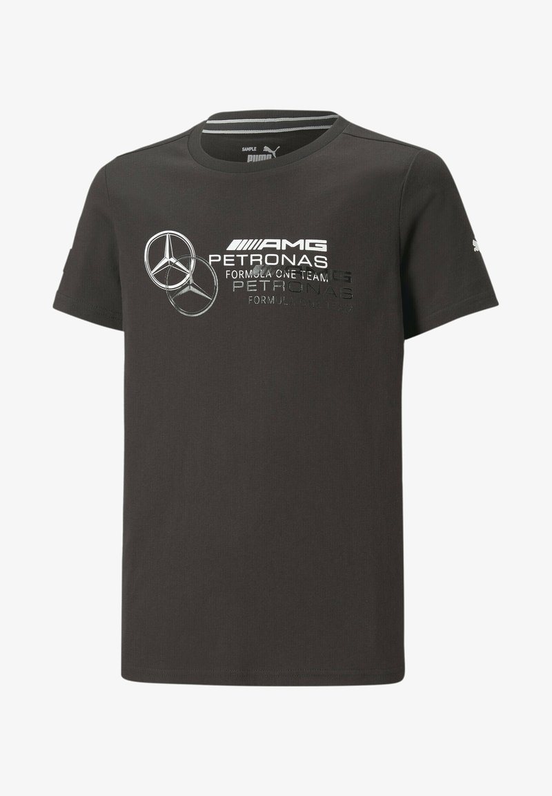 T-shirt noir à manches courtes Puma avec logos et texte de l'équipe Mercedes AMG Petronas de Formule 1 à l'avant.