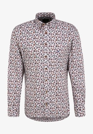 Camicia bianca con bottoni caratterizzata da un motivo paisley nelle tonalità di rosso, blu e marrone. Realizzata in tessuto morbido con colletto e maniche con polsini.