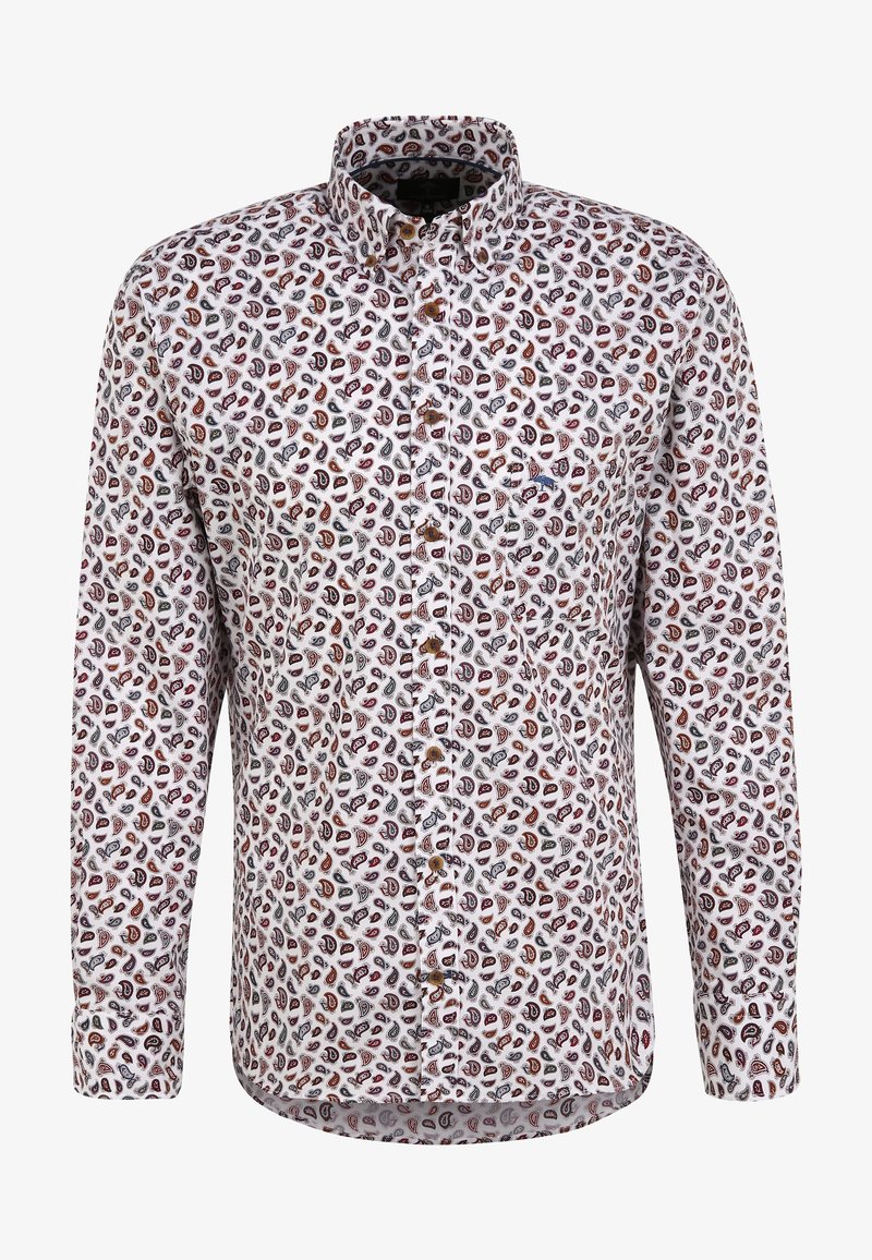 Witte blouse met knopen, voorzien van een paisley-patroon in tinten rood, blauw en bruin. Gemaakt van zachte stof met een kraag en mouwen met manchetten.