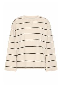 Haut beige clair à manches longues avec des rayures horizontales noires, décolleté en V et en mélange de coton doux. Présente une coupe décontractée et un design simple.