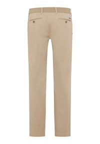 Beige Chinos mit geradem Beinschnitt, aus weichem Material gefertigt. Verfügt über zwei hintere Taschen mit Knöpfen und einen glatten Bund.