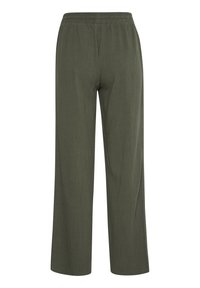 High-waisted, loose-fit trousers in dark green fabric with an elastic waistband; smooth texture, straight legs, no pockets, minimalist design.